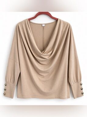 Taupe Cowl Neck Top L Oversized Dolman Sleeve Silver Button Cuff Quiet Luxury